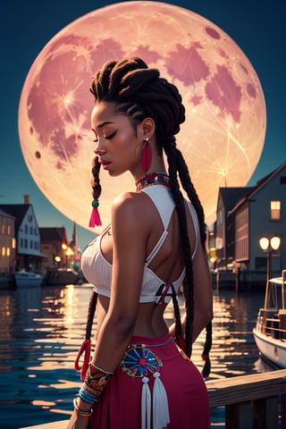 black women, masterpiece, best quality, 1girl, closed eyes, upper body, floating in the ocaen (native american clothing), abstract, psychedelic, long neat dread locs, (small town with sea ports), (creative:1.3), sy3, SMM, fantasy00d, hands behind back, hyper-realistic anime (black women), harbour-town, pink moon