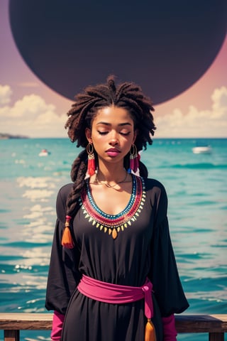 black women, masterpiece, best quality, 1girl, closed eyes, upper body, floating in the ocaen (native american clothing), abstract, psychedelic, long neat dread locs, (small town with sea ports), (creative:1.3), sy3, SMM, fantasy00d, hands behind back, hyper-realistic anime (black women), harbour-town, pink moon centered, (long flowing dress