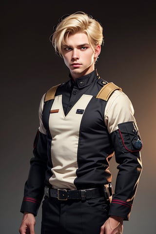 ((white male)) young male, (average hit), ((20's)), (Ivory skin), mesomorphic physique, lean, masterpiece, best quality, open eyes, upper body, abstract, psychedelic, ((blonde slicked side part military cut)), (hazel eyes), classified lab environment, ((black tatical gear)), (black military uniform), (corporal rank), (well-groomed), athletic, (creative:1.3), sy3, SMM, fantasy00d, hands behind back, hyper-realistic anime, (labratory background), volumetric light, brown eyes