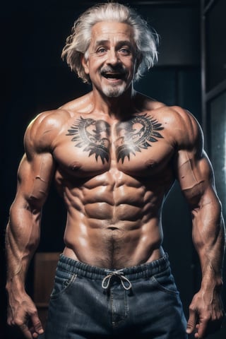 Full body of albert Einstein, Shirtless, very strong and muscular with arm tattoos, very detailed skin, detailed hair, iconic Albert einstein looking at the viewer, full body, sticker, cute, fantasy, dreamyphoto realistic, highest quality, RAW photo, cinematic composition, (full body:1.4) photography of an (humanoid demon:1.2), (mocking smile:1.4), with (arm extended forward:1.3) and( making a friendly gesture with the hand to ask someone to come closer:1.4), waring extravagant and colorful clothes, baggy trousers, felt boots, haggard face, aquiline nose, bushy eyebrows, reddish eyes, haggard skin, sharp teeth, gnarled hands, macabre, disturbing, photo realistic skin texture|spots|wrinkles, detailed clothes, clothes texture|wrinkles, abundant details, intricate details, subsurface scattering, volumetric shadows, sharp focus, (dynamic pose), 8k, highly detailed, UHD, HDR, (extremely high facial expressiveness:1.3), (accurate hands anatomy:1.2) (((sharp focus)))