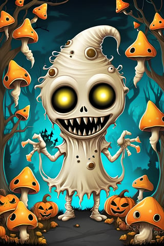 rackoon scary ghost goul, sinister possesed demonic but cute creature of the night, Create a detailed and imaginative scene of a Halloween monster costume contest. Show off whimsical and original monster costumes like a candy corn monster, a spider fairy, or a ghoulish robot. The backdrop should feature eerie, enchanted woods with glowing mushrooms and a moonlit sky