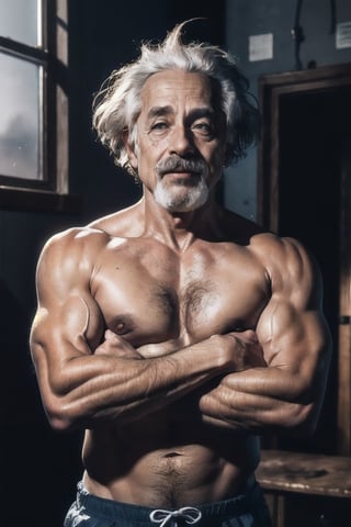 Full body of albert Einstein, albert einstein in  a laboratory, well lit, bright, Shirtless, very strong and muscular, hawaiian shorts, very detailed skin, detailed hair, iconic Albert einstein looking at the viewer, full body, sticker, cute, fantasy, dreamyphoto realistic, highest quality, RAW photo, cinematic composition, (full body:1.4) photography of an (humanoid demon:1.2), (mocking smile:1.4), with (arm extended forward:1.3) and( making a friendly gesture with the hand to ask someone to come closer:1.4), waring extravagant and colorful clothes, baggy trousers, felt boots, haggard face, aquiline nose, bushy eyebrows, reddish eyes, haggard skin, sharp teeth, gnarled hands, macabre, disturbing, photo realistic skin texture|spots|wrinkles, detailed clothes, clothes texture|wrinkles, abundant details, intricate details, subsurface scattering, volumetric shadows, sharp focus, (dynamic pose), 8k, highly detailed, UHD, HDR, (extremely high facial expressiveness:1.3), (accurate hands anatomy:1.2) (((sharp focus)))