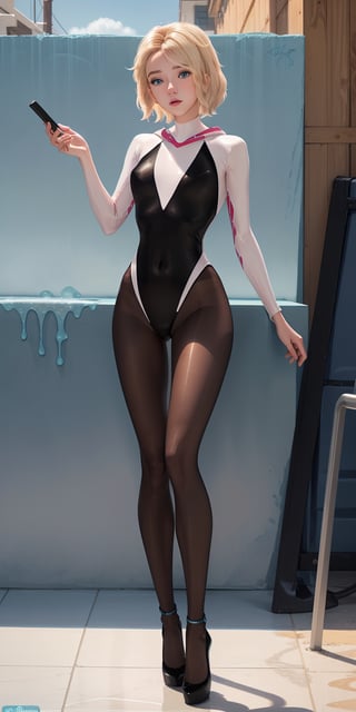 Girl,blond_hair,short-hair,blueeyes,bathing_suit,full_body,fit,bathing_suit,ahe_gao,beach,high quality,gwen stacy, black pantyhose, high heels, long legs, pantyhose, full body black pantyhose,