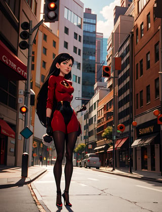 luffy d. fan art, bunny girl, high heels, black pantyhose, 
 black gloves, long black hair, long_ponytail, full body, standing,style, sonny, city, smile, red lips, bunny_suit, black stockings