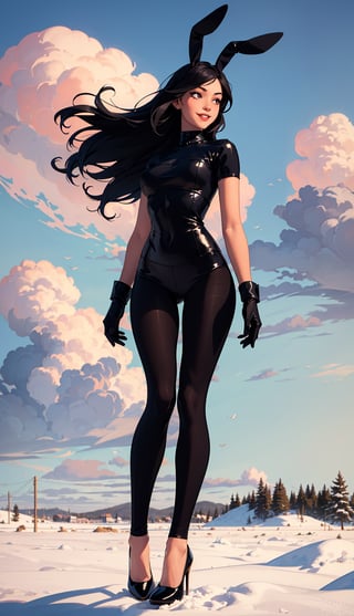 (winter background), (windy background), 1woman, smile, long-hair, past-the-weste, beautiful breasts,(black leggings), clouds, pantyhose, high heels, black tights, black_gloves, sexy, bunny girl, full body