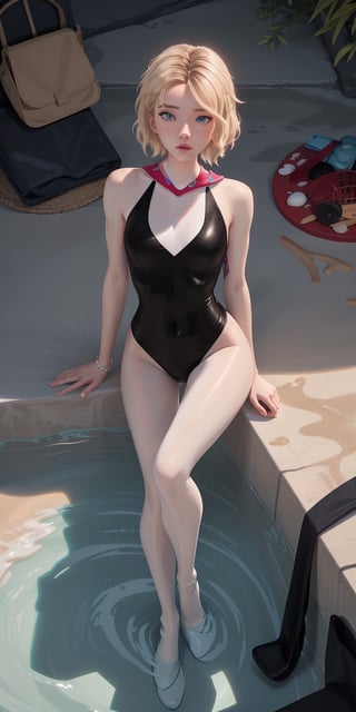 Girl,blond_hair,short-hair,blueeyes,bathing_suit,full_body,fit,bathing_suit,ahe_gao,beach,high quality,gwen stacy, black pantyhose, high heels, long legs