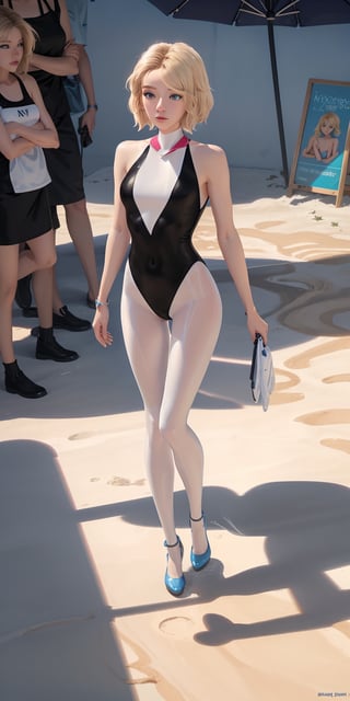 Girl,blond_hair,short-hair,blueeyes,bathing_suit,full_body,fit,bathing_suit,ahe_gao,beach,high quality,gwen stacy, black pantyhose, high heels, long legs, pantyhose, full body pantyhose,