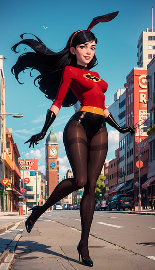  (windy background), 1woman, smile, long black hair, past-the-weste, beautiful breasts, stockings, sonny, city, pantyhose, high heels, black tights, black_gloves, sexy, bunny girl, full body, violetparr, bunny ear,