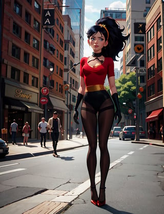 luffy d. fan art, bunny girl, high heels, black pantyhose, 
 black gloves, long black hair, long_ponytail, full body, standing,style, sonny, city, smile, red lips, bunny_suit, black stockings, face mask