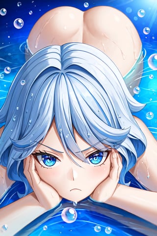 furinanrml, white and blue short hair, lying in water on front on floor, looking at the viewer, view from front, eyes half opened, grinning, lyning on front, hands on cheeks, wet, bubbles, foam, dark blue background, water drops, particles, stars, 2.5d, glare, art_booster