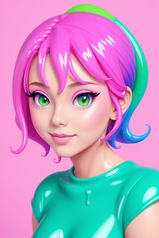 pink background, [girl : green viscous slimy puddle : 12], slime, paint splash, wet, artstation, by Lisa Frank, (cartoon, anime, flat colours, thin contours, pastel : 1.3), closeup