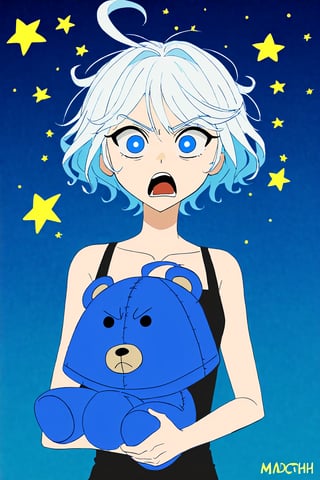 1girl, mdsktch sketch of furina, light blue and white short hair, large eyes, trips over plushie bear, angry, open mouth, D:, cartoon, action_lines, line_art, pencil_art, colourful, flat colours, blue simple background, gradient, stars