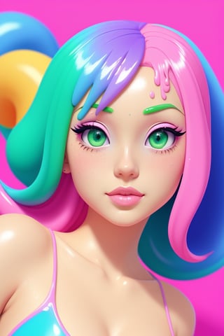 pink background, [girl : green viscous slimy puddle : 12], slime, paint splash, wet, artstation, by Lisa Frank, (cartoon, anime, flat colours, thin contours, pastel : 1.3), closeup