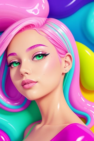 pink background, [girl : green viscous slimy puddle : 12], slime, paint splash, wet, artstation, by Lisa Frank, (cartoon, anime, flat colours, thin contours, pastel : 1.3), closeup