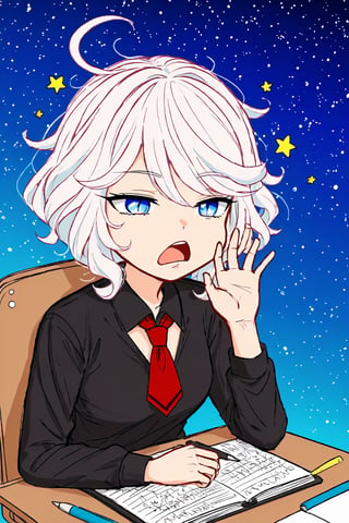 blue background, 1girl, mdsktch sketch of [furinanrml | potato], white hair, small eyes, wide cheeks, bored, yawn, school outfit, red short tie, black shirt, sitting at the table with notebook, writing, (pastel : 1.2), rough outlines, gradient, particles, stars, lineart