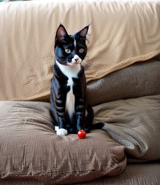 - A humorous scene featuring a mischievous cat trying to balance on a giant tomato. The cat's expression is mischievous, and the tomato is vibrant red. The overall atmosphere is lighthearted and whimsical. The lighting is bright, with warm sunshine casting playful shadows. The style is inspired by comic strips and cartoons. The image is highly detailed, with intricate details on the cat's fur and the tomato's texture. Recommended artists for inspiration include Ruan Jia, Mandy Jurgens, Artgerm, and Wayne Barlowe.