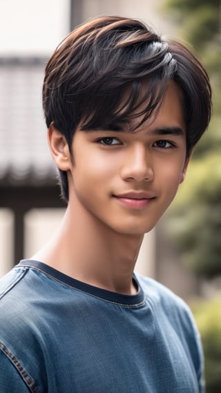 face of a young male, 15 years old, hair with a ponytail.