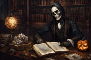 (masterpiece a Ghoul studying a crystall ball: 1.9)), necrophagous outfit: 1.2), (bandages: 1.5)), (best quality, ultra detailed, digital art: 1.37), [[Halloween Atmosphere: 1.9)), (Victorian Library background:1.5)]] masterpiece, high quality, cartoon,  high definition, super detailed, (Natural Light,, High contrast, defined blacks, silk, HDR