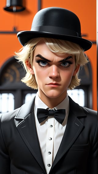 (masterpiece: 1.2),(best quality, ultra detailed, photorealistic: 1.37) high quality, high definition, super detailed, Natural Light, Hyperrealist Photography, High contrast, defined blacks, HDR, volume, "A Clockwork Orange" movie style, Alex, 15-year-old male, straight blond hair, (((false eyelashes right eye: 1.9))), ((bob cut: 1.8)), (((black bowler hat:2))), black cane with round, golden grip, white pants with suspenders, white shirt, (((Malcolm McDowell's 15-year-old face, piercing gaze: 1. 9)))), white suit, one eye made up, anti-hero, is addicted to two things: (((violence and classical music: 1.7))), (((bold and sadistic: 1.6))), roams the city with his violent gang.