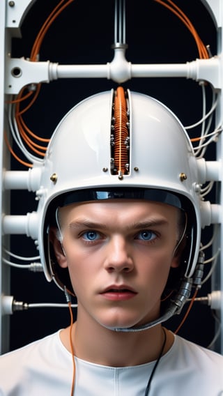 (masterpiece: 1.2),(best quality, ultra detailed, photorealistic: 1.37) high quality, high definition, super detailed, Natural Light, Hyperrealist Photography, High contrast, defined blacks, HDR, volume, Clockwork Orange" movie style, medium frontal shot, Alex, 15-year-old male, shaved hair, (((scared: 1.9))), (((terrified face: 2))), (((helmet connected with wires and narrow pipes to a machine :2))), (((sitting in a dentist's chair: 1. 5))), white shirt, (((Malcolm McDowell's 15-year-old face, wild eyes: 1. 9)))), face illuminated by the reflection of a blue screen (((lab 60s: 1.7)))), (((eyelids clamped open: 1.6)))), body and arms tied with metal straps to the chair.