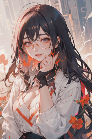 8k, (absurdres, highres, ultra detailed), (1lady:1.3), (((black hair))), (((long hair))), ultra resolution image, kawaii, mystery, aesthetic:1.2, colorful, dynamic angle, highest detailed face), big glasses, black rimmed glasses, happy smile, (wearing a pink oversized_sweater:1.2), cleavage,pleated skirt, sunset, fall colors, beautiful trees, nature, flowers, windy, hair flowing in the wind, sun shinning through hair, high contrast, (official art, extreme detailed, highest detailed, natural skin texture, hyperrealism, soft light, sharp, perfect face), golden dawn, :d, Big boobs1:3. (((Smoky makeup))), curvy, ,midjourney