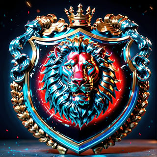 high detail, high quality, 8K Ultra HD, high quality, 8K Ultra HD, ln Family crest style, A neon mad golden lion on a shield in neon red and blue, background Black, glass shiny style