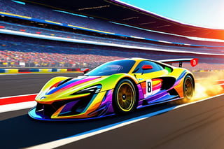 Masterpiece, of the best quality, a sleek race car (racing: 1.3) accelerating on the race track, Under the brilliant afternoon sun., Fast, thrilling, competitive, it has a shiny neon metalic and leaves a trail of dust in its wake . Gran Turismo's realistic digital art, with vibrant neon colors, detailed textures, and an adrenaline-rushing touch.