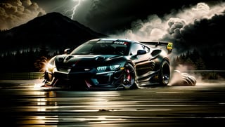 Race cars in a high speed street race (best quality,4k,8k,highres,masterpiece:1.2),ultra-detailed, ((a customized car)), ((street racer)), ((a beautiful paintjob)), ((fully detailed)), illustration, vivid colors, GTR, NSX,  Drifting, going fast, night, bright yellow headlights,setting USA Oregon's Mountain roads, No text on signs, Late night time, Set in a rain storm with lightning,1 car.,Nature, model shoot style, Fast action style, Sideways drifting in to a turn, Red and black cars, ,Movie Still,H effect,Car,sports car