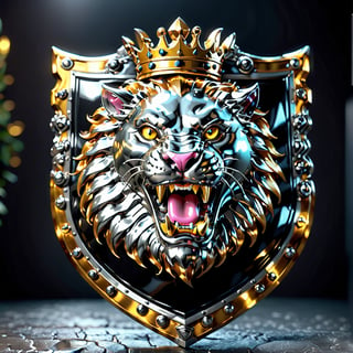 high detail, high quality, 8K Ultra HD, high quality, 8K Ultra HD, ln Family crest style, A neon mad golden lion face with sharp teeth in it's open mouth on a shield in silver with black highlights, background solid Black, glass shiny style