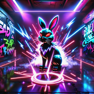 "Bad Bunny" in neon red, black, metallic, purple, blue, Pink, neon, sparkles, smoke, planet, graffiti background,
,composed of elements of thunder Electricity Space stars and neon lights, Cyberpunk,DonMH010D15pl4yXL 