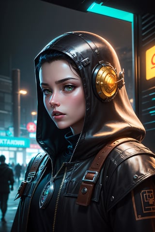 Detailed Ghotic Medieval portrait of cyberpunk style , futuristic (neon :1.1)reflective wear, sci-fi, robot parts, gold parts, machine face cinematic light ef 50mm, ((art by Greg Rutkowsky)), (studio ghibli:1.1), artgern, art, illustration, ((dark