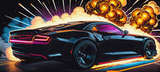 a futuristic black car in a deadly race, with cars crashing and exploding on all sides, asphalt burst into flames, lightening, smoke stormy sky, cinematic, epic composition, volumetric lighting, studio lighting, masterpiece, comic book style