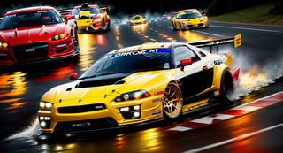 Race cars in a high speed street race (best quality,4k,8k,highres,masterpiece:1.2),ultra-detailed, ((a customized car)), ((street racer)), ((a beautiful paintjob)), ((fully detailed)), illustration, vivid colors, GTR, NSX,  Drifting, going fast, night, bright yellow headlights,setting USA Oregon's Mountain roads, No text on signs, Late night time, Set in a rain storm with lightning,1 car.,Nature, model shoot style, Fast action style, Sideways drifting in to a turn, Red and black cars, 