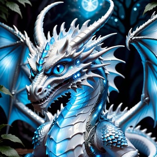 Craft an enchanting fantasy scene featuring a beautiful silver-white biometric dragon with glowing,  shiny biometrical features. Imagine captivating blue eyes and impressive glass horns. Place this majestic creature in a fantasy-style background that complements its ethereal beauty,  aiming for a visually striking image with intricate details and a magical atmosphere., cute little dragon
