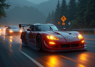 Race cars in a high speed street race (best quality,4k,8k,highres,masterpiece:1.2),ultra-detailed, ((a customized car)), ((street racer)), ((a beautiful paintjob)), ((fully detailed)), illustration, vivid colors, 2024 custom RX 7 Drifting, going fast, night, bright yellow headlights, setting USA Oregon's Mountain roads, No text on signs, Late night time, Set in a rain storm with lightning,1 car, Nature, model shoot style, Fast action style, Sideways drifting in to a turn, Red and black cars, GTR, NSX, A Porsche 911 992 GT3 cup car,on the top of the picture is 3D the fire text that reads "Oregon Drifters"