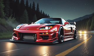 Race cars in a high speed street race (best quality,4k,8k,highres,masterpiece:1.2),ultra-detailed, ((a customized car)), ((street racer)), ((a beautiful paintjob)), ((fully detailed)), illustration, vivid colors, GTR, NSX,  Drifting, going fast, night, bright yellow headlights,setting USA Oregon's Mountain roads, No text on signs, Late night time dark skys filled with moonlight and bright stars,1 car.,Nature,modelshoot style, Fast action style, red and black cars,