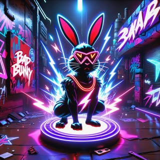 "Bad Bunny" in neon red, black, metallic, purple, blue, Pink, neon, sparkles, smoke, planet, graffiti background,
,composed of elements of thunder Electricity Space stars and neon lights, Cyberpunk,DonMH010D15pl4yXL 