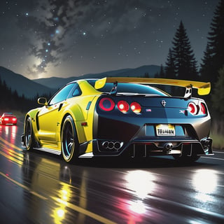 Race cars in a high speed street race (best quality,4k,8k,highres,masterpiece:1.2),ultra-detailed, ((a customized car)), ((street racer)), ((a beautiful paintjob)), ((fully detailed)), illustration, vivid colors, GTR, NSX,  Drifting, going fast, night, bright yellow headlights,setting USA Oregon's Mountain roads, No text on signs, Late night time dark skys filled with moonlight and bright stars,1 car.,Nature,modelshoot style