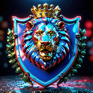 high detail, high quality, 8K Ultra HD, high quality, 8K Ultra HD, ln Family crest style, A neon mad lion on the shield in neon colors red and blue, glass shiny style