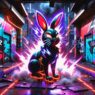 "Bad Bunny" in neon red, black, metallic, purple, blue, Pink, neon, sparkles, Neon colored smoke, planet, graffiti background,
,composed of elements of street art Fire thunder Lightning Electricity Space stars and neon lights atomic explosions, Cyberpunk,DonMH010D15pl4yXL 