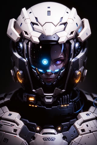 a close up of a futuristic helmet with a glowing eye, portrait of a space cyborg, symmetrical portrait scifi, profile picture 1024px, dark sci-fi art, eyes projected onto visor, glass oled mecha visor, space armor, symmetry!! portrait of cyborg, portrait of a mech, eva unit-00 in the back