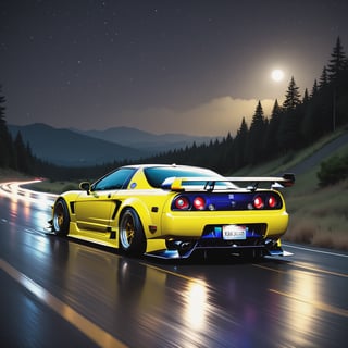 Race cars in a high speed street race (best quality,4k,8k,highres,masterpiece:1.2),ultra-detailed, ((a customized car)), ((street racer)), ((a beautiful paintjob)), ((fully detailed)), illustration, vivid colors, GTR, NSX,  Drifting, going fast, night, bright yellow headlights,setting USA Oregon's Mountain roads, No text on signs, Late night time dark skys filled with moonlight and bright stars,1 car.,Nature,modelshoot style, Fast action style,