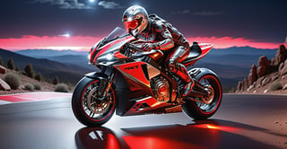 Masterpiece, ultra-definition, super detailed, SPORT race motocycle with headlight on white lights , Colored red, silver and black carbonfiber, clean neon lit under glow, racing up pikes peak, Surrealism, UHD, high details, best quality, 2K