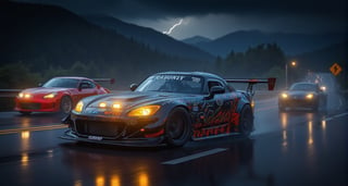 Race cars in a high speed street race (best quality,4k,8k,highres,masterpiece:1.2),ultra-detailed, ((a customized car)), ((street racer)), ((a beautiful paintjob)), ((fully detailed)), illustration, vivid colors, 2024 custom RX 7 Drifting, going fast, night, bright yellow headlights, setting USA Oregon's Mountain roads, No text on signs, Late night time, Set in a rain storm with lightning,1 car, Nature, model shoot style, Fast action style, Sideways drifting in to a turn, Red and black cars GTR NSX