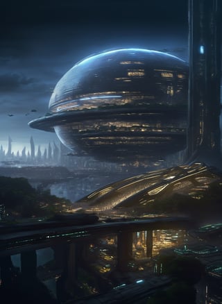 futuristic city with a futuristic structure and a futuristic bridge, futuristic setting, futuristic utopia, otherwordly futuristic city, beautiful city of the future, huge futuristic temple city, cyberpunk space colony, utopia sci-fi style, solarpunk futuristic utopia, futuristic space port, in fantasy sci - fi city, futuristic utopian fantasy, ancient sci - fi city, science fiction city