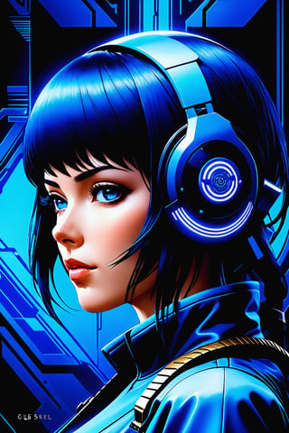 Ghost in the Shell Vol.2, by Luis Duarte, Luis Duarte style, blue and black shading, Neo-Tokyo style, Element Air, Mythpunk, Graphic Interface, Sci-Fic Art, Dark Influence, NijiExpress 3D v3, Kinetic Art, Datanoshing, Oilpainting, Ink v3, Splash style, Abstract Art, Abstract Tech, Cyber Tech Elements, Futuristic, Illustrated v3, Deco Influence, AirBrush style, drawing