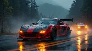 Race cars in a high speed street race (best quality,4k,8k,highres,masterpiece:1.2),ultra-detailed, ((a customized car)), ((street racer)), ((a beautiful paintjob)), ((fully detailed)), illustration, vivid colors, 2024 custom RX 7 Drifting, going fast, night, bright yellow headlights, setting USA Oregon's Mountain roads, No text on signs, Late night time, Set in a rain storm with lightning,1 car, Nature, model shoot style, Fast action style, Sideways drifting in to a turn, Red and black cars,