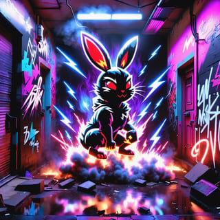 "Bad Bunny" in neon red, black, metallic, purple, blue, Pink, neon, sparkles, Neon colored smoke, planet, graffiti background,
,composed of elements of street art Fire thunder Lightning Electricity Space stars and neon lights atomic explosions, Cyberpunk,DonMH010D15pl4yXL 