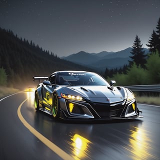 Race cars in a high speed street race (best quality,4k,8k,highres,masterpiece:1.2),ultra-detailed, ((a customized car)), ((street racer)), ((a beautiful paintjob)), ((fully detailed)), illustration, vivid colors, GTR, NSX,  Drifting, going fast, night, bright yellow headlights,setting USA Oregon's Mountain roads, No text on signs, Late night time dark skys filled with moonlight and bright stars,1 car.,Nature,modelshoot style, Fast action style, Sideways drifting in to a turn, gray and black cars,