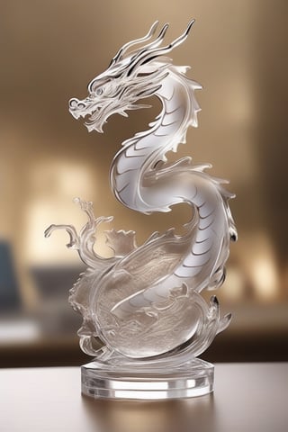 Generate an image of a sophisticated glass art rendition featuring dragon. The intricately crafted figurine stands elegantly on a desk, capturing the essence of high-end craftsmanship.Clear Glass Skin,dragon-themed,dragonyear ,comic style